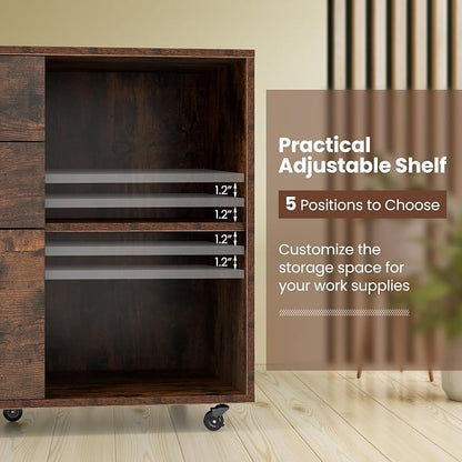 3 Drawer File Cabinet, Wood Lateral Filing Cabinet for Hanging Letter, A4, Legal Size, Rolling Printer Stand with Adjustable Shelf, Under Desk Storage for Home Office (Brown)