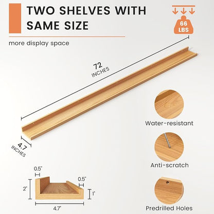 Picture Ledge Shelf, Floating Shelves Set of 2, 72 Inches Long Large Nursery Book Shelves for Toys Storage, Kids Bookshelf Wall Mounted for Living Room Bedroom Decor Books Photo Frames, Natural Oak