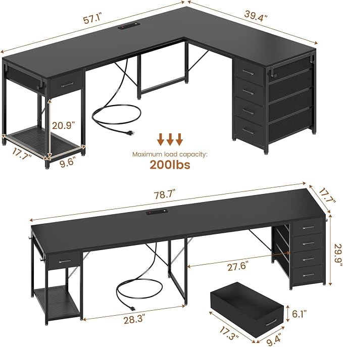 57" L Shaped Desk with 5 Drawers, Reversible Computer Corner Desk with Storage & Power Strip for Home Office, 78.7" Long 2 Person Desk, Black
