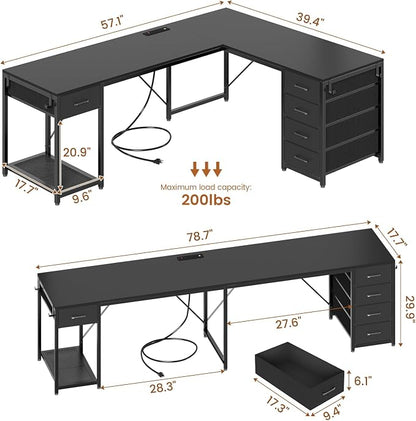 57" L Shaped Desk with 5 Drawers, Reversible Computer Corner Desk with Storage & Power Strip for Home Office, 78.7" Long 2 Person Desk, Black