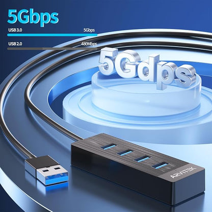 10Ft 4-Port USB 3.0 Hub Long Cable for PC, USB Extender Hub 5Gbps, USB Multiport Adapter, USB Splitter w/Long Cable for Desktop, Laptop, Flash Drive, Mobile HDD, USB Fan (10 Foot / 3m)