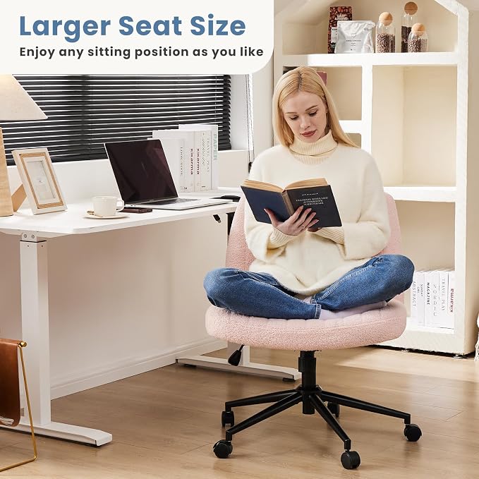 DUMOS Criss Cross Chair with Wheels, Wide Cross Legged Office Desk Vanity Chairs, Armless Height Adjustable Swivel Chairs for Home Computer Task, Teddy Fleece, Pink Wheel