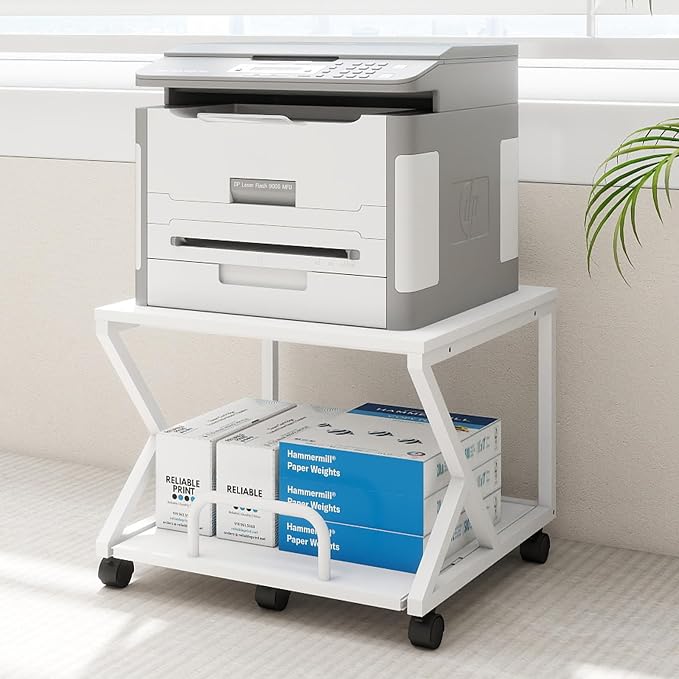 Natwind 2 Tier Printer Stand,19.7''x19.7'',with Pull Out Shelf,White | Easy Reach for Lower Shelf Items,Rolling Printer Cart with Wheels,Fits Under Desk,Supports 180lbs,for Home Office Kitchen