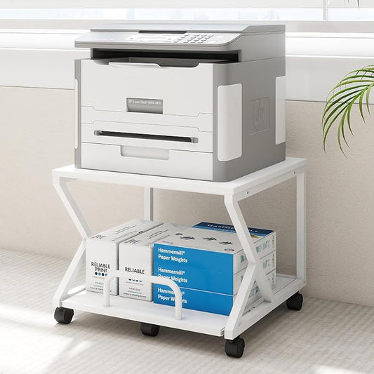 Natwind 2 Tier Printer Stand,19.7''x19.7'',with Pull Out Shelf,White | Easy Reach for Lower Shelf Items,Rolling Printer Cart with Wheels,Fits Under Desk,Supports 180lbs,for Home Office Kitchen