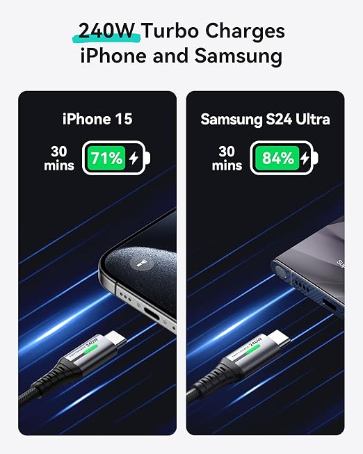 INIU USB C to USB C Cable, 240W Fast Charging Type C Charger Cord, Braided USBC Phone Charger Cable for iPhone 17 16 Pro Max Samsung S25 S24 Laptops MacBook Air 15 M3 iPad Switch [1ft+1ft Black]