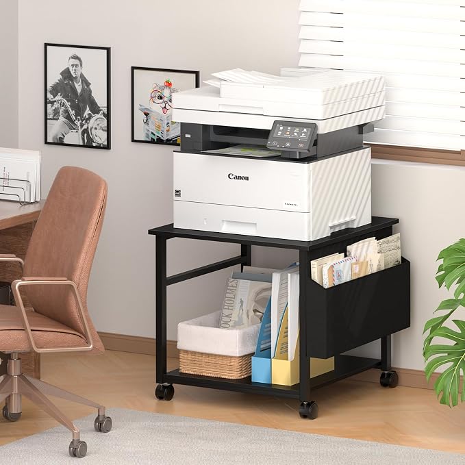 Lerliuo Black Large Printer Stand with Storage, 23.6" W x 23.6" D x 22.8" H Printer Table for Home Office, Rolling Printer Cart Holder with Lockable Wheels, Mobile Mini Fridge Stand Table