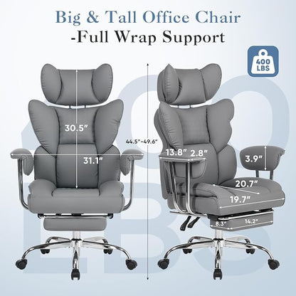 DUMOS Big and Tall Office Chair 400 LBS, Scratch-Resistant PU Leather Executive Office Desk Chair with Footrest, Ergonomic Reclining Computer Chairs with Pocket Spring Support, Grey