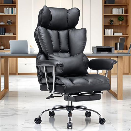 Efomao Big and Tall Office Chair with Foot Rest 400LBS, PU Leather Computer Chair, Heavy Duty Executive Office Chair with Lumbar Support, Black Home Office Chairs | 400lbs support, 135° recline, dual-layer foam cushion, 23.5" seat & footrest. BIFMA
