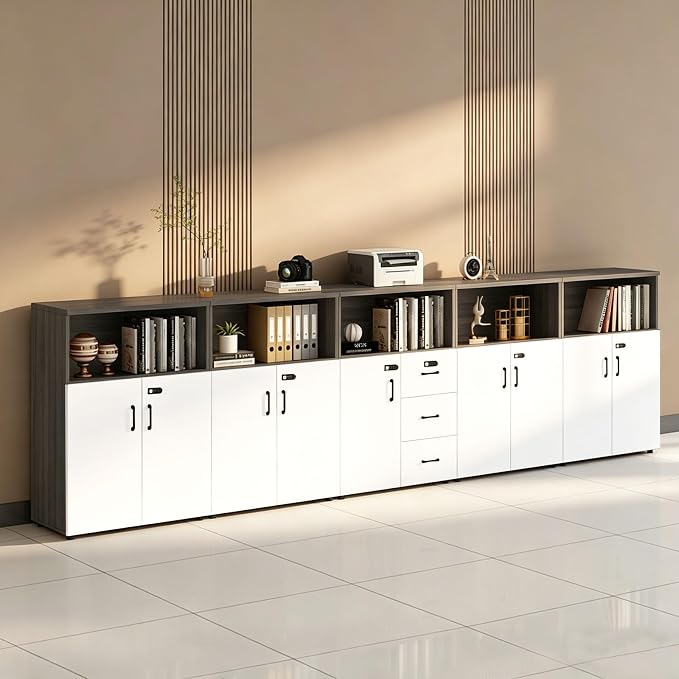 File Cabinet with Password Lock, Wood Lateral Filing Cabinet for Letter/A4 Files, 3 Drawer with Door, Printer Stand with Open Shelves for Home Office