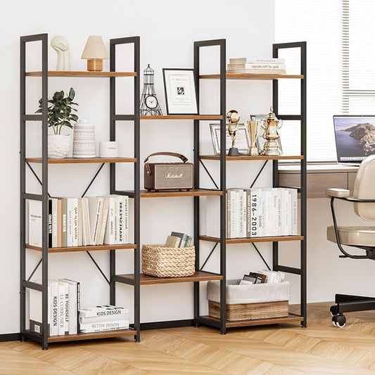 NUMENN Triple Column 4 Tier Bookshelf, Bookcase with 11 Open Display Shelves, Adjustable Rustic Industrial Style Book Shelves, Modern Bookshelves for Bedroom, Living Room and Home Office, Vintage