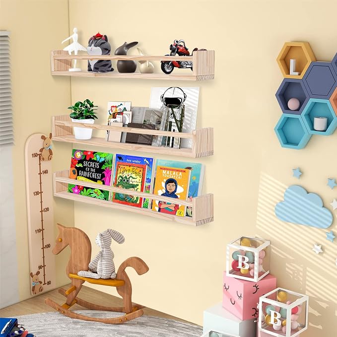 AZSKY Montessori Floating Book Shelves for Kids Room, 36 Inch Front Facing Nursery Bookshelves Wall Mounted with Safety Rail, Natural Wood Book Display for Toddler Baby Nursery, Set of 3