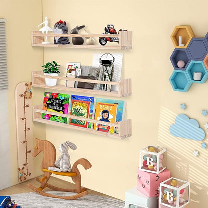 AZSKY Montessori Floating Book Shelves for Kids Room, 36 Inch Front Facing Nursery Bookshelves Wall Mounted with Safety Rail, Natural Wood Book Display for Toddler Baby Nursery, Set of 3