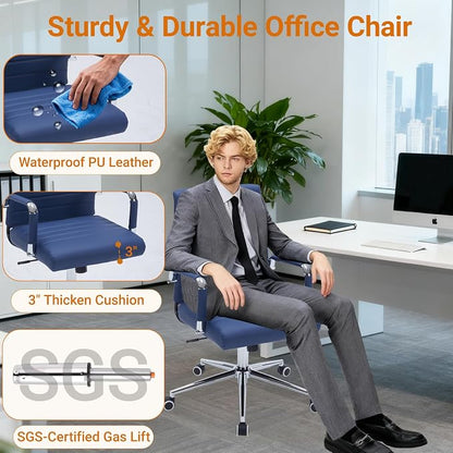 Sidanli Ergonomic Desk Chairs, Executive Swivel Faux Leather Mid Back Chair with Comfortable Lumbar Support and Smooth Rolling Wheels for Office, Navy Blue