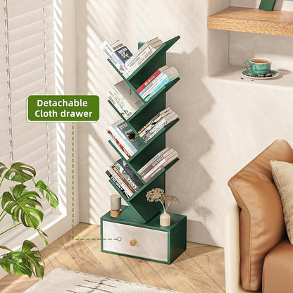 SHEEPAM 8 Tier Tree Bookshelf with Drawer, Free Standing Wood Green Bookcase for Narrow Space, Storage Organizer Bookshelves for Books, Book Case for Home Office, Living Room, Bedroom