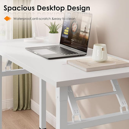 Need 35.8 Inch Folding Desk for Small Spaces, Home Office Computer Desk with Wood Top & Black Frame, Foldable Writing Table for Study, Bedroom, Dorm Room & Student, White