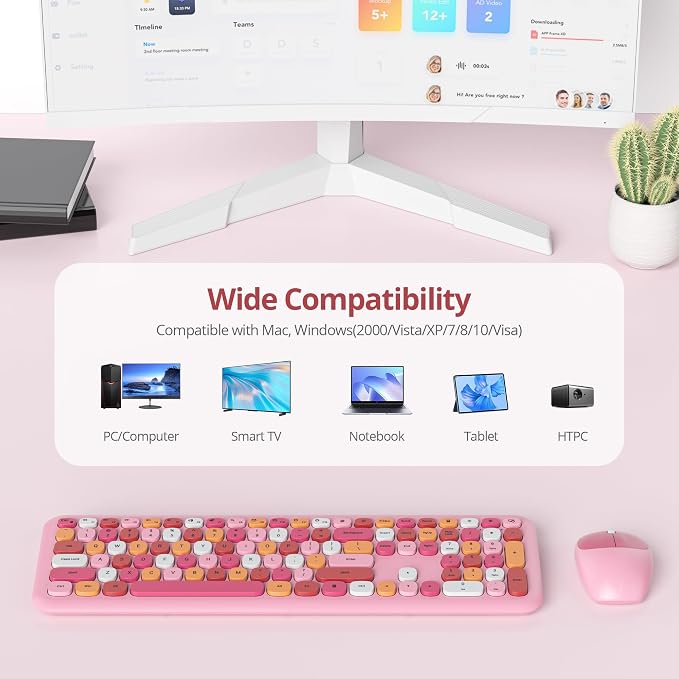 Surmen Cute Colorful Pink Keyboard and Mouse Wireless Silent, Full-Size Retro Typewriter Wireless Quiet Office Keyboard Low-Noise 2.4GHz for Computer, Desktop, Laptop(6-Colorful Pink)