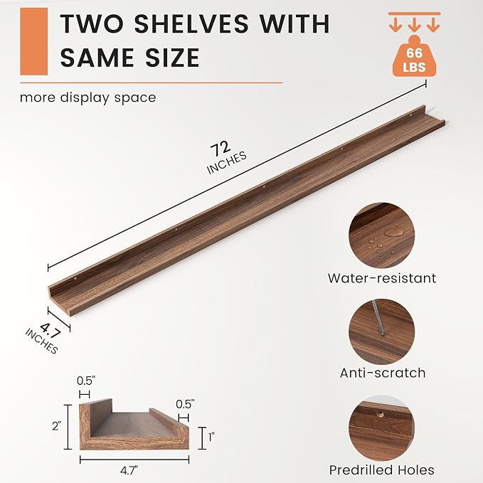 FLYJOE Picture Ledge Shelf, Floating Shelves Set of 2, 72 Inches Long Large Nursery Book Shelves for Toys Storage, Kids Bookshelf Wall Mounted for Living Room Bedroom Decor Books Photo Frames, Walnut