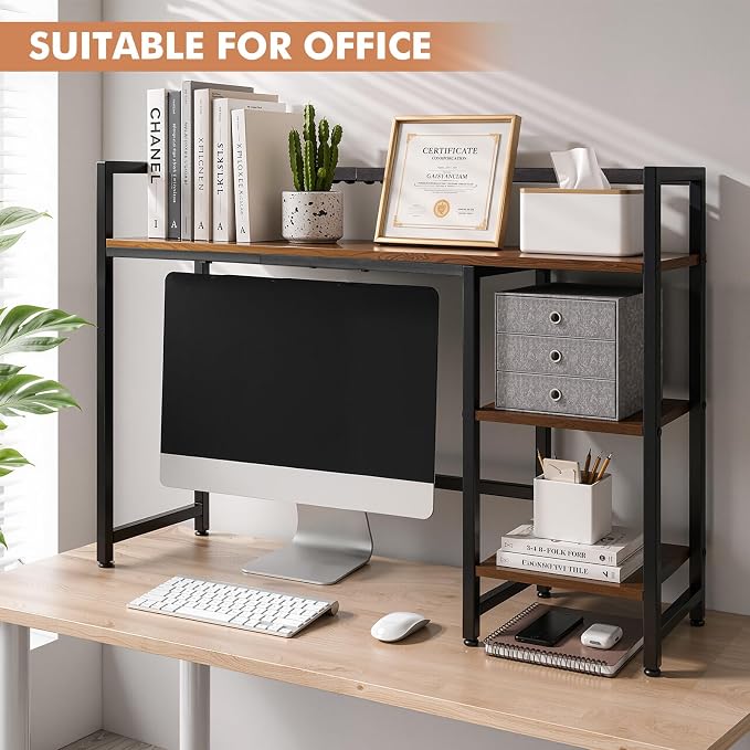 Desk Shelf, 21.46 Inch Wooden Desk Organizer with 3 Tiers, Rustic Monitor Stand & Storage Hutch for Home Office, Dorm, or Workspace