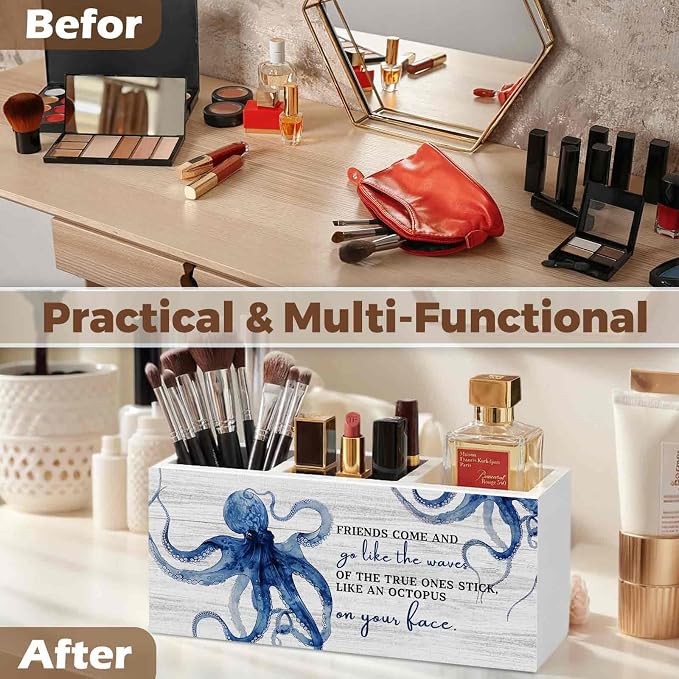Friends Gifts Pencil Pen Holder for Desk Organizer, Friendship Gifts for Women Men, Coastal Beach Octopus Wooden Box Decorations for Home Office Bedroom Desk Tabletop Decor