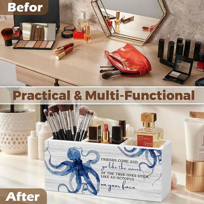 Friends Gifts Pencil Pen Holder for Desk Organizer, Friendship Gifts for Women Men, Coastal Beach Octopus Wooden Box Decorations for Home Office Bedroom Desk Tabletop Decor