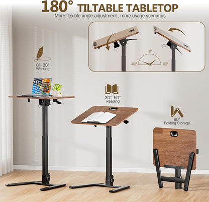 25 Inch Mobile Foldable Standing Desk, 180 Degree Tiltable Portable Rolling Laptop Table, Height Adjustable Sit-Stand Desk with Wheels, No Assembly Computer Workstation for Home Office, Brown
