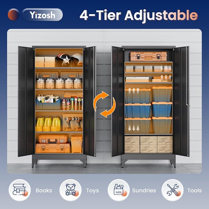Yizosh Metal Garage Storage Cabinet with 2 Doors and 4 Adjustable Shelves - 71" Steel Lockable File Cabinet,Locking Tool Cabinets for Home,Office,Garage,Gym,School