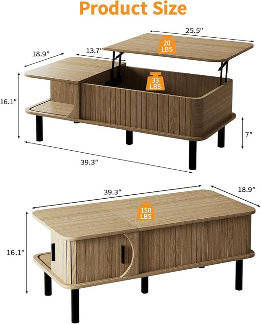 TV Stand and Coffee Table Set of 2, Mid Century Modern Lift Top Coffee Table, TV Console Table Living Room Table Sets for Living Room, Bedroom, Home Office, Oak