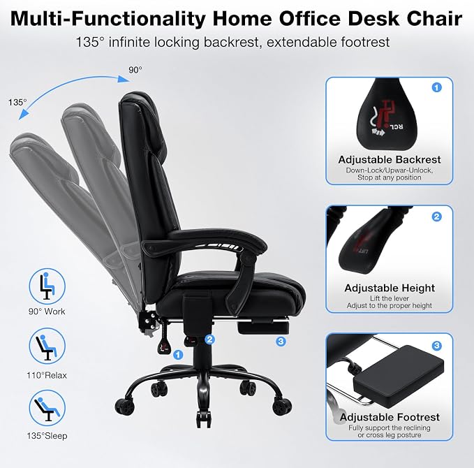 HOFFREE Massage Office Chair with Heat 7 Points Vibration Ergonomic Executive Office Chair with Footrest Reclining High Back Home Office Desk Chairs Black