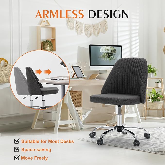 Sweetcrispy Armless Vanity Chair, Cute Comfy Home Office Desk Chair with Wheels, Modern Upholstered Task Computer Seat for Bedroom, Study, Makeup Vanity, Height Adjustable & Swivel, Deep Gray