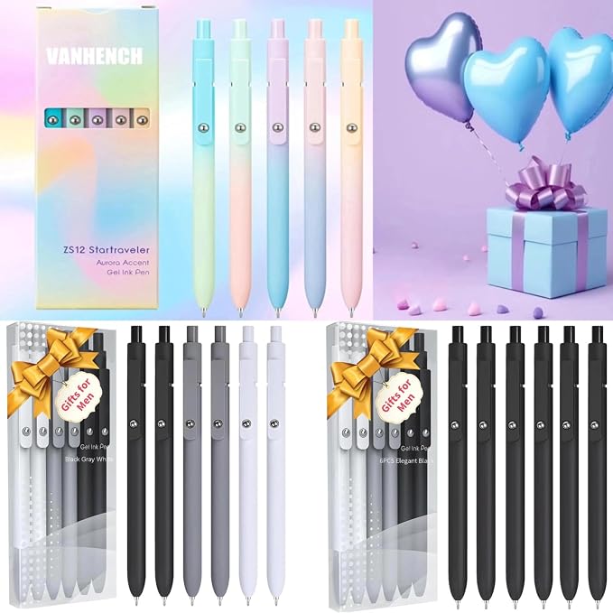 Vanhench 6Pcs Gel Pens, 0.5MM Black Gel Ink Pen Fine Point Smooth Writing Pens, College Essentials Pens, Father's Day Birthday Gifts for Men (6PCS Black Gray White)