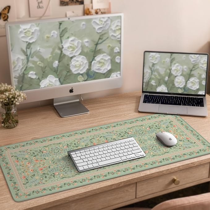 iCasso Aesthetic Floral Desk Mat, L Mouse Pads, Anti-Slip Mousepad with Stitched Edges, Waterproof Computer Pad 11.8"x31.5", Desk Accessories Office Decor for Women(Light Green)