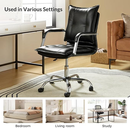 HULALA HOME Faux Leather Home Office Desk Chair, Adjustable Swivel Computer Chair with Sliver Legs and Arms, Comfy Upholstered Task Chair(Black)