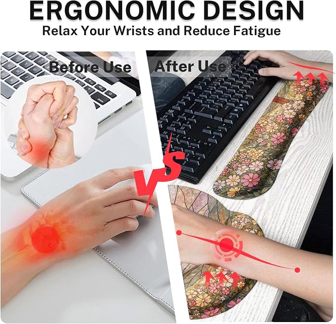 Britimes Cross Religious Wildflower Keyboard Mouse Pad Set Colorful Floral 4in1 Large Mousepad+Keyboard Wrist Rest+Mouse Wrist Rest+Coaster Ergonomic Design for Home Office Computer 35.4x15.7 inches