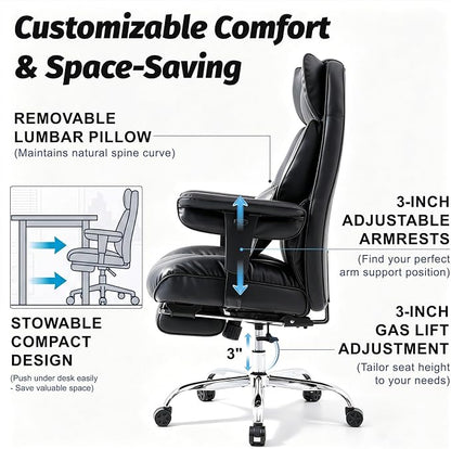 Efomao Executive Office Chair 400lbs, Black Big and Tall Desk Chair | Mattress-grade pocket spring cushion, sleek leather, 135° recline & footrest for computer gaming setup.