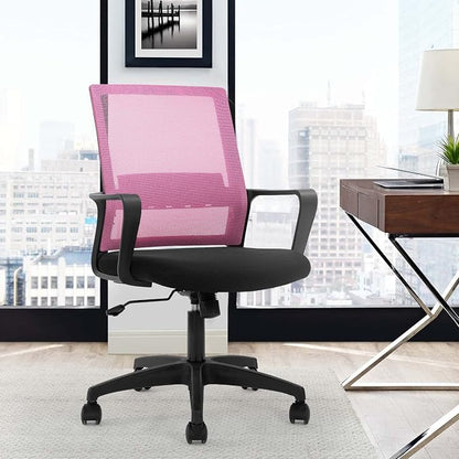 Ergonomic Desk Task Chair Mid-Back Mesh Home Office Swivel Chair Modern Executive Chair with Wheels Armrests Lumbar Support (Pink)