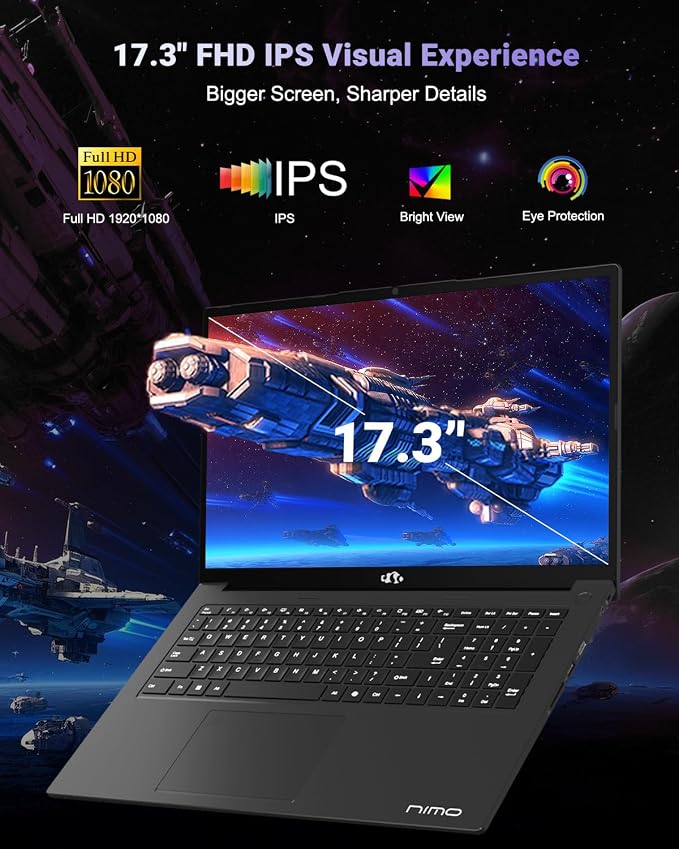 NIMO 17.3" Gaming-Creator-Laptop, 8-Core Ryzen 7 8745HS 32GB RAM 1TB SSD Beat i7-1360P up to 4.9GHz Radeon 780M, USB 4.0 FHD 100W Fast PD for Video Editing, AI Tasks & Remote Streaming, 2-Yr Warranty