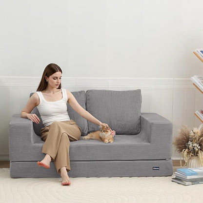 COMAX Convertible Sofa Bed Queen, Folding Fold Out Couch Bed, Floor Futon Couch Corduroy with Back Pillows, Boneless Sofa Comfy Lounge Sleeper Mattress Loveseat for Living Room Bedroom, Light Grey