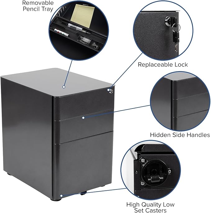 Flash Furniture Warner Modern 3-Drawer Mobile Locking Filing Cabinet with Anti-Tilt Mechanism and Hanging Drawer for Legal & Letter Files, Black