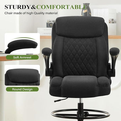 Drafting Chair Tall Office Chair for Standing Desk, Ergonomic Tall Desk Chair with Adjustable Foot Ring, Flip-Up Armrests, Lumbar Support, Comfortable Fabric Seat – Ideal for Home and Office Use