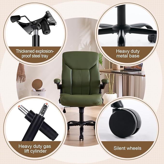 Leather Executive Office Chair - Ergonomic Computer Chair with Flip-up Arms Comfy PU Leather Home Desk Chairs Mid Back Support Adjustable Height Tilt Lock Swivel Rolling Wheels, Green