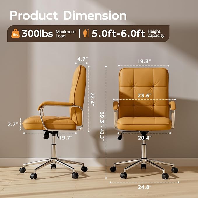 HomeZeer Brown Office Chair, Mid Back Leather Desk Chair with Wheels and Padded Arms, Swivel Vanity Chair for Bedroom, Computer Chair for Study and Work