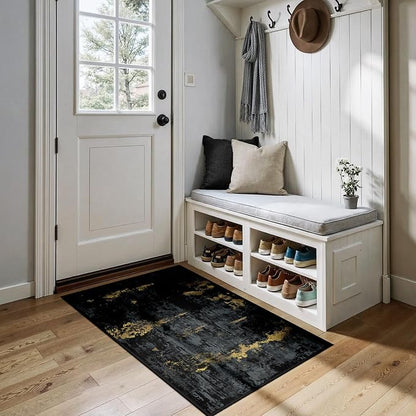 RELEANY Washable Area Rugs 3x4 Non-Slip Modern Abstract Soft for Living Room Entryway Bedroom Kitchen, Print Pattern, Dark Black Gold