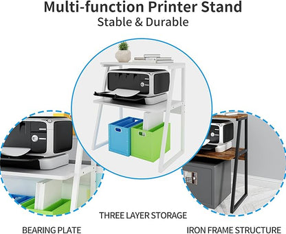 PUNCIA 3 Tier Wood Desktop Printer Stand Large Capacity Storage Rack | White Heavy Duty Shelf Fits Laser Printers Copiers Fax Machines Books Organizer for Home Office Dorm Room