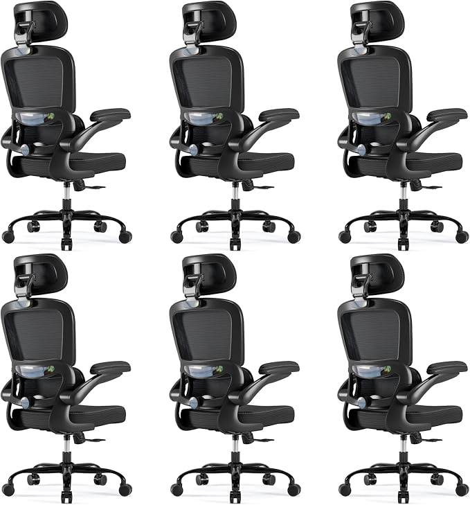 TRALT Ergonomic Office Chair - Desk Chair with Adjustable Headrest Lumbar Support Computer Chair - Mesh Comfy Chair with Flip-up Armrests - Gaming Chair for Adults Home Office PU, Black, Pack of 6