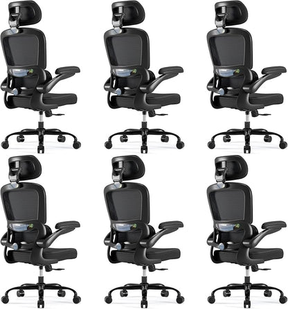 TRALT Ergonomic Office Chair - Desk Chair with Adjustable Headrest Lumbar Support Computer Chair - Mesh Comfy Chair with Flip-up Armrests - Gaming Chair for Adults Home Office PU, Black, Pack of 6