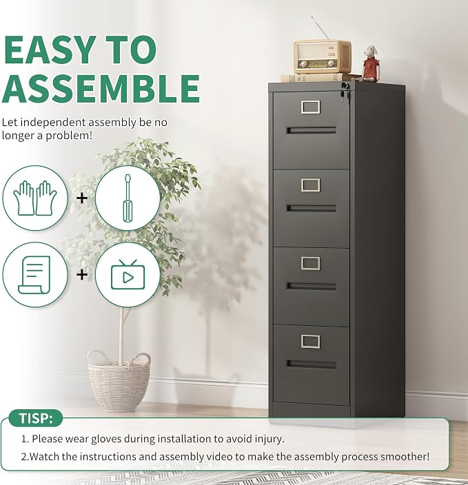 4 Drawer File Cabinet, Vertical File Cabinets with Lock for Home Office,Heavy Duty Office Steel Filing Cabinet for Hanging Letters/Legal/A4, Assembly Required (Black)