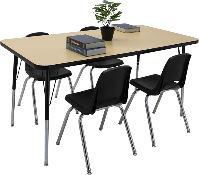 FDP Rectangle Activity School and Office Table (30 x 60 inch), Standard Legs with Swivel Glides, Adjustable Height 19-30 inches; Quick Ship Single Box - Maple Top and Black Edge
