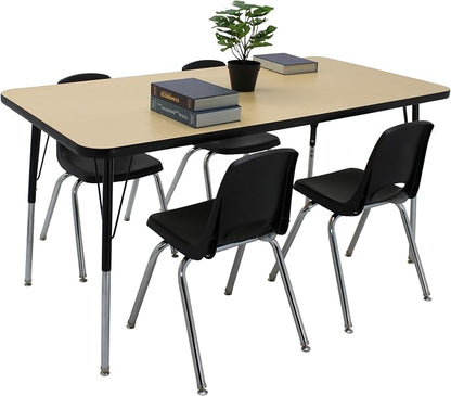 FDP Rectangle Activity School and Office Table (30 x 60 inch), Standard Legs with Swivel Glides, Adjustable Height 19-30 inches; Quick Ship Single Box - Maple Top and Black Edge
