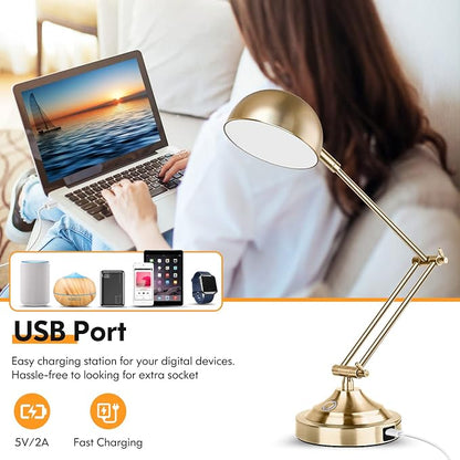 TOBUSA Architect Gold Desk Lamp Dimmable with USB Port, Adjustable Touch Control Vintage Desk Lamp 3 Color Modes, Brass Metal Desk Lamp Retro Style Reading Light for Home Office Desk Bedside Table