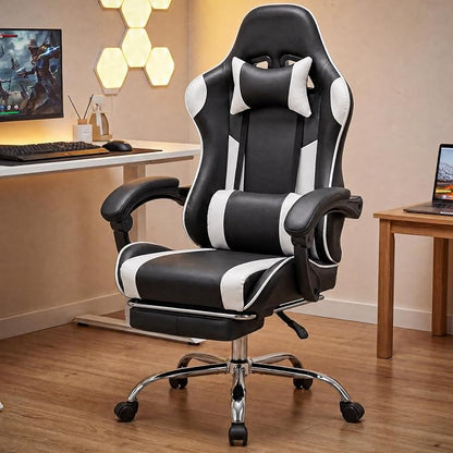 Sweetcrispy Computer Gaming Chair: Ergonomic High Back PU Leather Video Racing Chair with Adjustable Headrest & Footrest, Linkage Armrest, for Office and Home, White